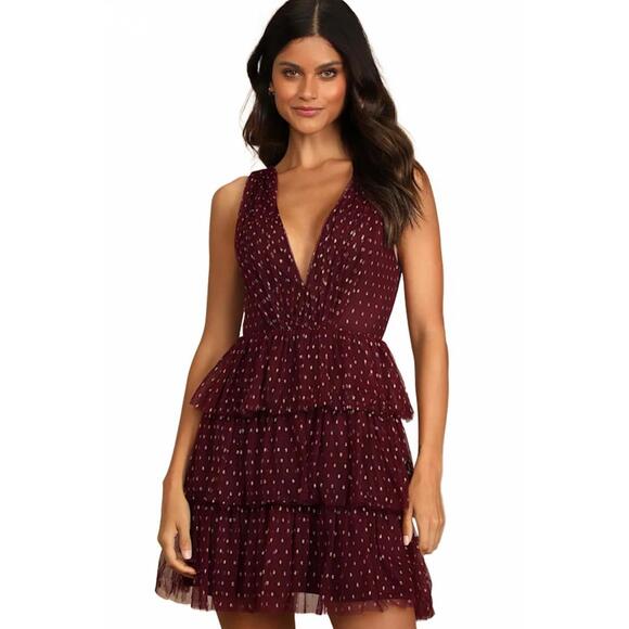 NWT Lulus Forever Sparkling Burgundy Dotted Mesh Tiered Mini Dress Size M - Picture 8 of 9